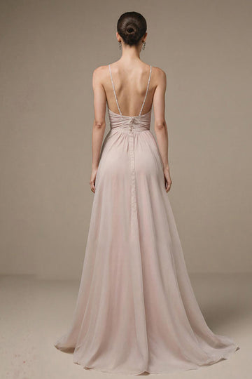 Robe longue formelle à bretelles spaghetti rose clair